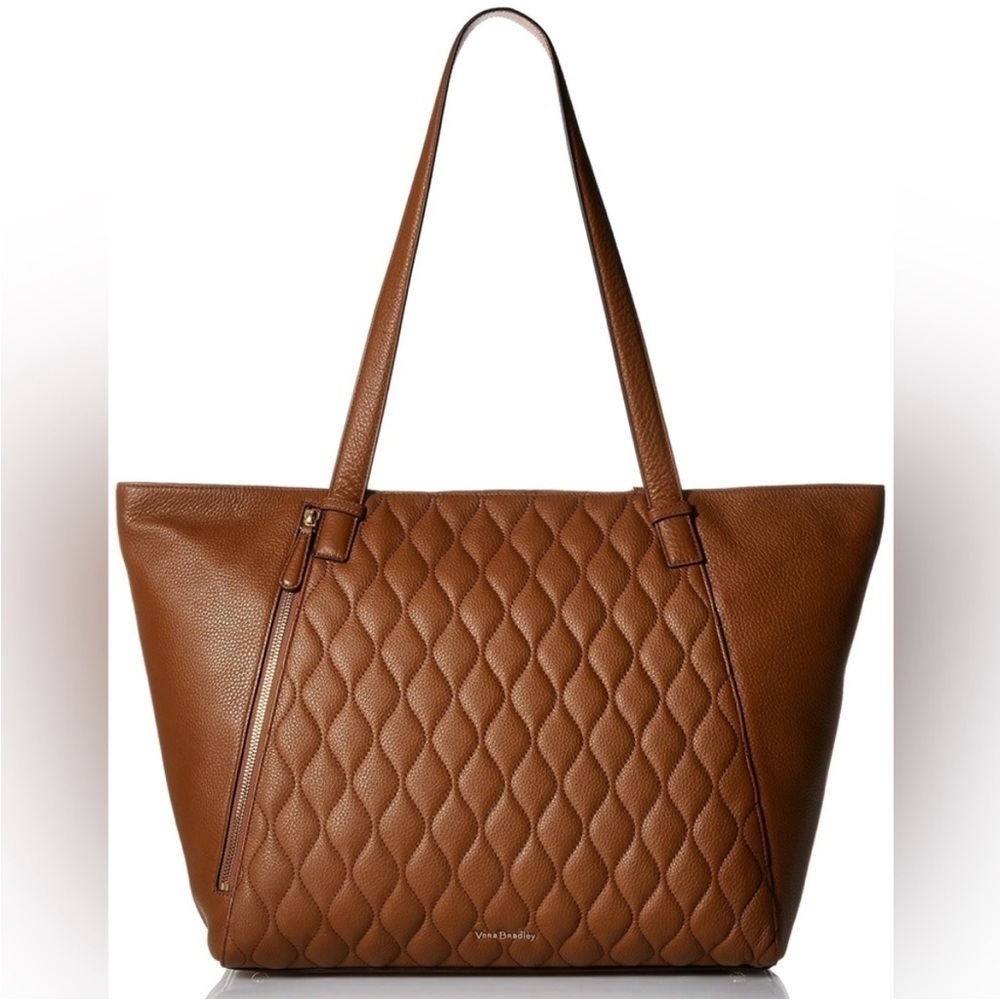 NWOT Vera Bradley Leather Cognac Quilted Ella Tote Bag with Flower Lining